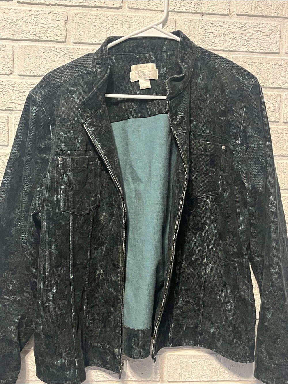 Christopher & Banks Green Floral-Pattern Zip-Front Jean Jacket